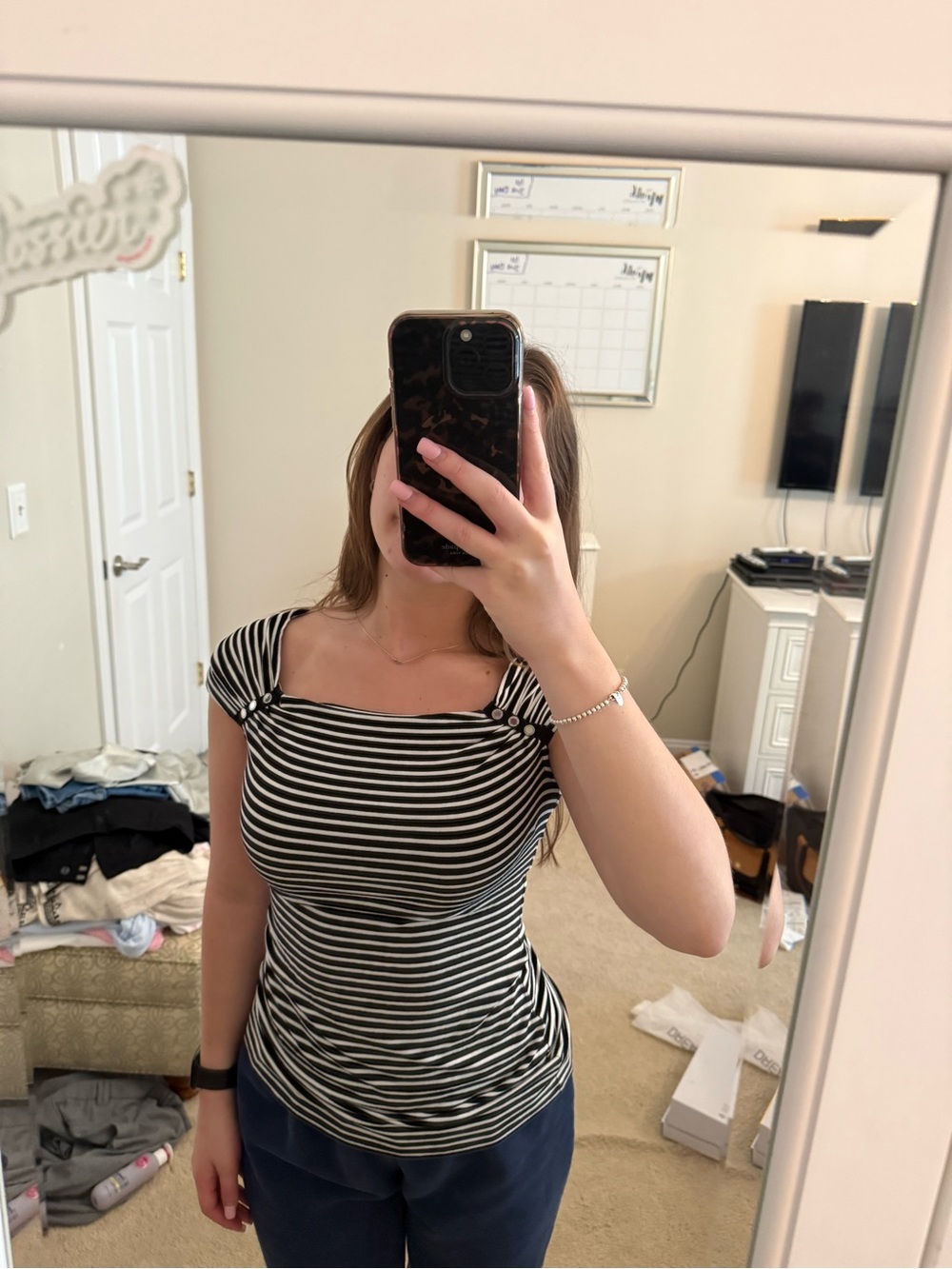 White House Black Market Black and White Striped Square-Neck Short Sleeve Top